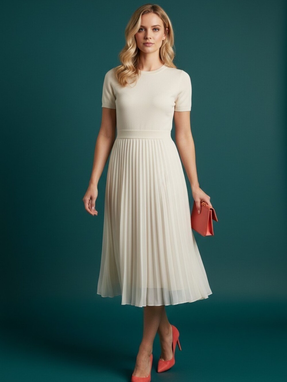 Rachel Parcell Ivory Pleated Knit Midi Bridal Brunch Church Dress